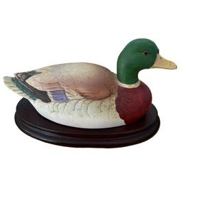 Vintage 1983 Handcrafted Duck Figurine - Green, Brown, and White w brown stand.